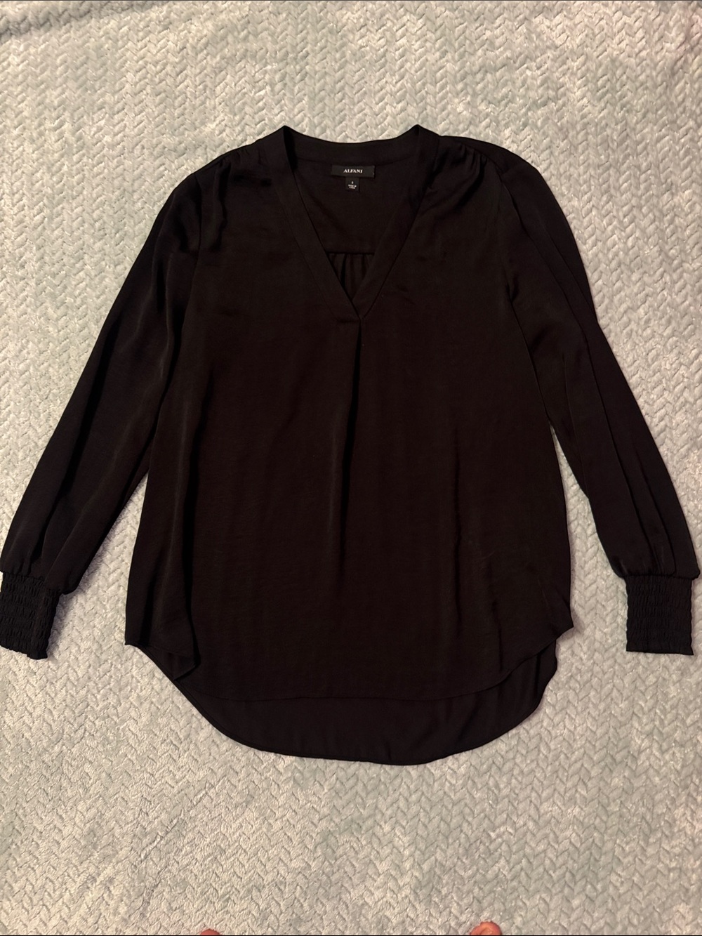 Alfani Black V-Neck Smocked-Cuff Long Sleeve Blouse